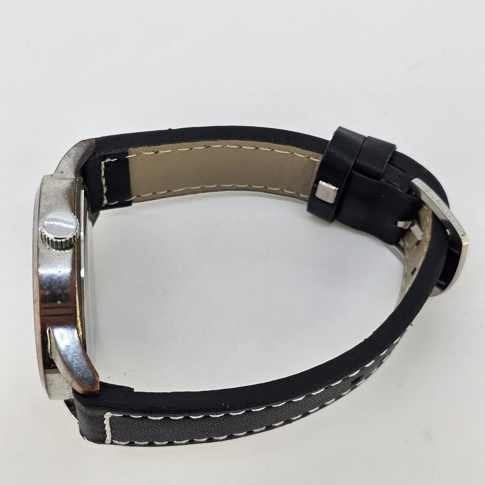 Men's Analog Watch 44MM Gray Dial NEW Faux Leather Black Bands NEW Battery